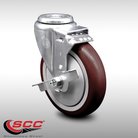 Service Caster 5 Inch SS Maroon Polyurethane Wheel Swivel Bolt Hole Caster with Brake SCC SCC-SSBH20S514-PPUB-MRN-TLB